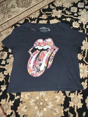 the Rolling Stones Black Crop Top with Floral Tongue Graphic